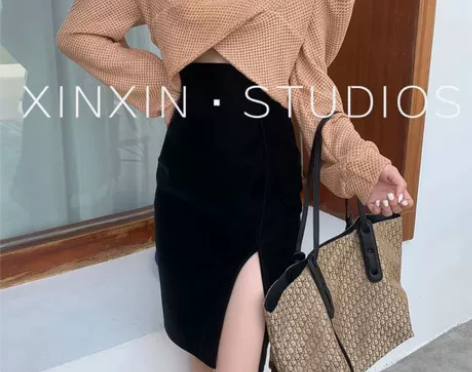 2020秋季新品高腰下摆开叉半身裙女修身显...