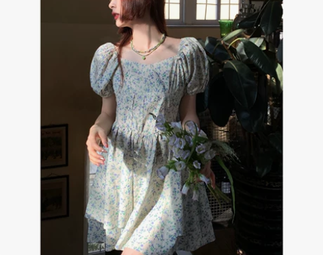 乌龙羊/法式碎花连衣裙夏季女小个子显瘦泡泡...