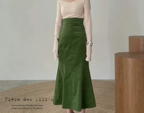 FDF定制松本惠奈新款灯芯绒鱼尾裙A字设计...