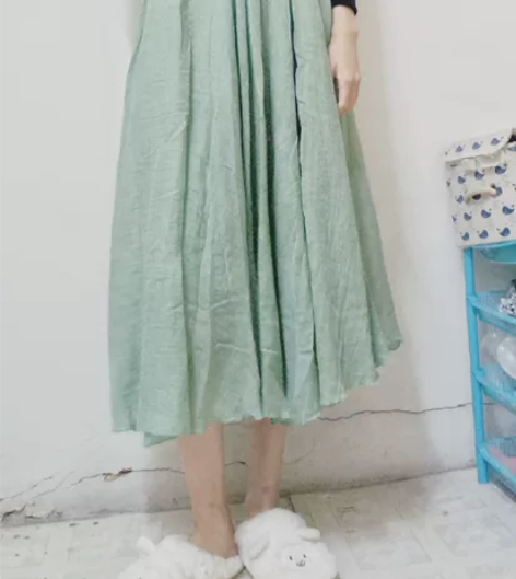草绿色文艺风棉麻半身长裙 长度85cm，松...