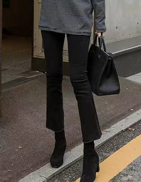 女士牛仔微喇叭裤 女士黑色九分烟管裤