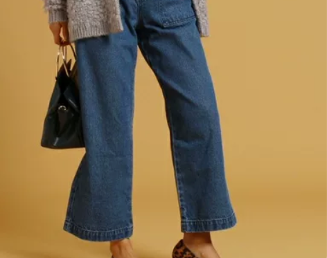 日单 2020春季新款全棉水洗阔腿高腰牛仔...