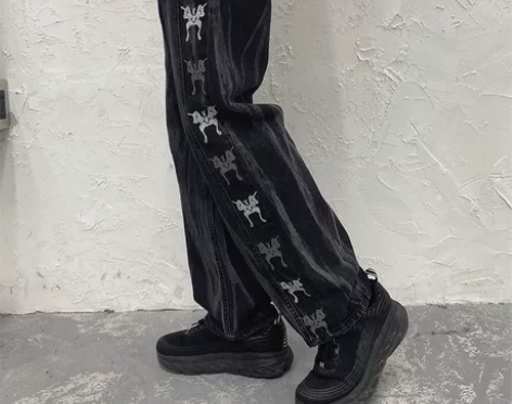 欧美高街扎染牛仔裤女韩版复古刺绣蝴蝶高腰显...