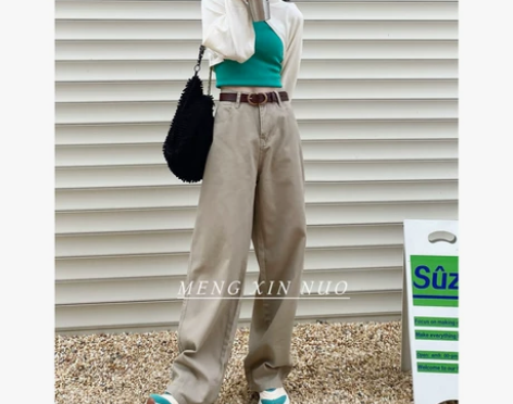 卡其阔腿牛仔裤女直筒宽松高腰复古日系显瘦c...