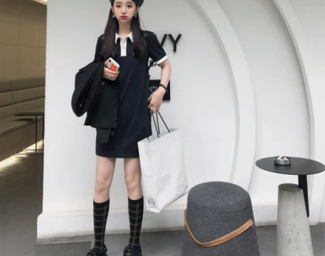 99twins夏修身翻领学生裙子 藏青色 质量超好有质感 ...