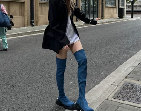 牛仔蓝过膝长靴女2022秋冬新款方头厚底i...