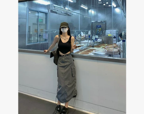 灰色工装口袋半身裙女夏季半裙a字包臀一步裙...