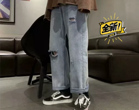 情侣坠感直筒宽松薄款破洞牛仔裤 腰型：中腰...