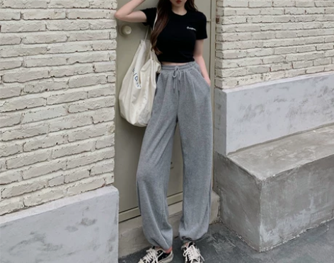 灰色运动裤女宽松束脚裤高腰显瘦休闲裤夏季薄...