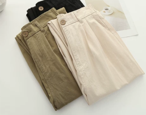 韩版复古卡其色宽松休闲裤女春夏新款松紧高腰...