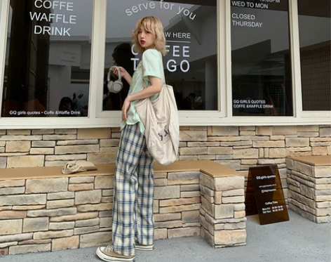 蕾蕾格子裤女春秋百搭高腰垂感休闲裤2021...