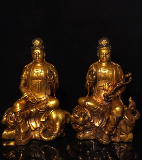 旧藏纯铜鎏金佛像 文殊菩萨像 普贤菩萨像 ...