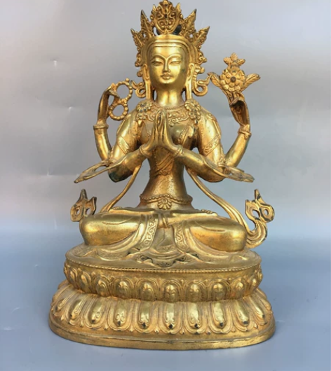 铜鎏金四臂度母佛像，工艺精美，包浆厚重，尺...