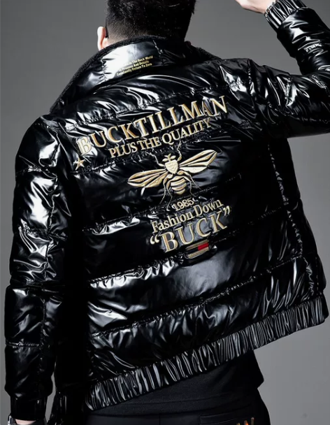 蜜蜂刺绣羽绒服男2022冬季新款亮面立领夹...