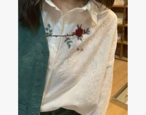 「红玫瑰」手工扎花 纯棉百搭刺绣中长款衬衫...