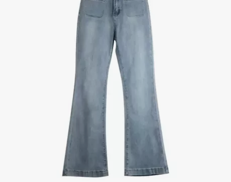 水洗复古港风小个子牛仔裤女高腰显瘦微喇裤拖...