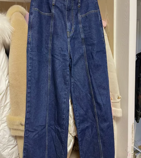 乐町牛仔裤女韩版深蓝高腰阔腿牛仔裤女复古直...