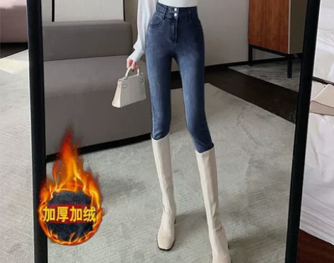 黑灰高腰牛仔裤女秋冬季新年新款修身学生显瘦...