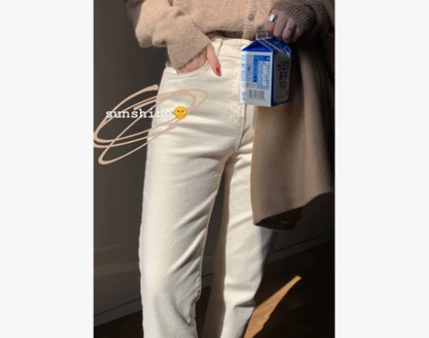 高腰显瘦加绒米白9分牛仔裤 韩版简约直筒裤...