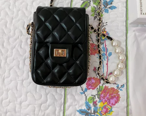 SADI女士小香风菱格手机包，女士珍珠链条...