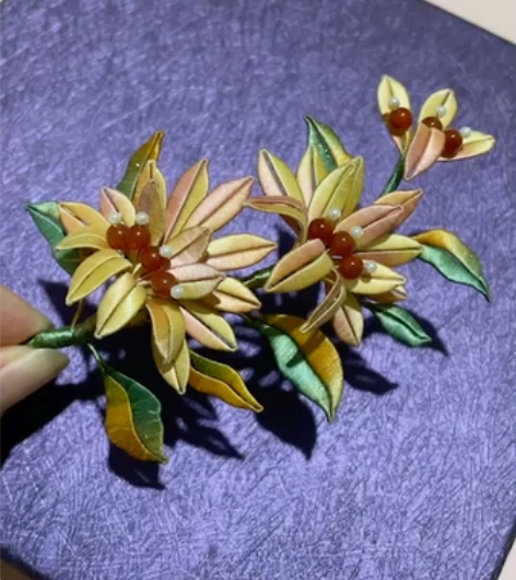 重瓣菊缠花（蕉窗图纸） 渐变蚕丝线，玛瑙珠...