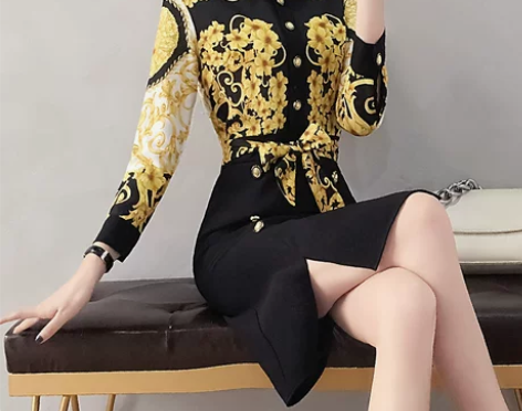 雪纺春秋女装气质印花淑女包臀裙法式复古洋气...