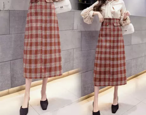 毛呢半身裙长裙2020秋冬新款格子裙中长款...