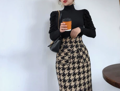 GY原创毛呢高腰格子半身裙秋冬女冬天配毛衣...