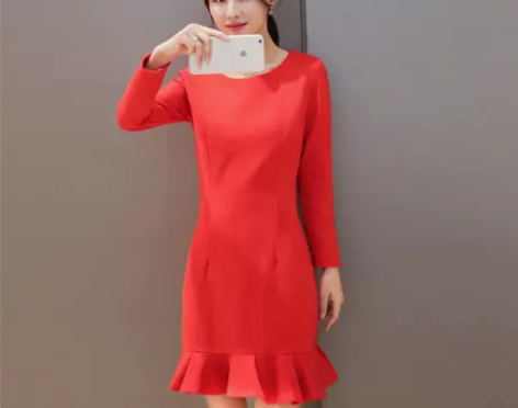 【天天特价】连衣裙秋冬款新款女装红色鱼尾裙...