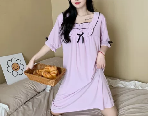 睡衣女夏季短袖公主风甜美纯色睡裙新款胖mm...