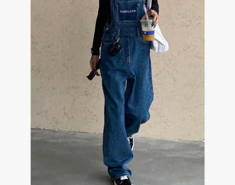 美式复古牛仔背带裤女春秋新款韩版宽松高腰直...