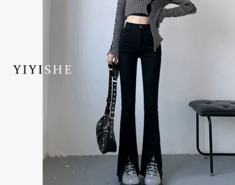 黑色开叉加绒微喇牛仔裤女2022年秋冬新款...