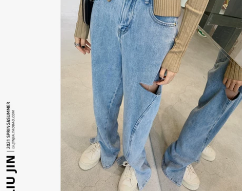 六金家 开叉破洞牛仔裤女夏季薄款2021年...