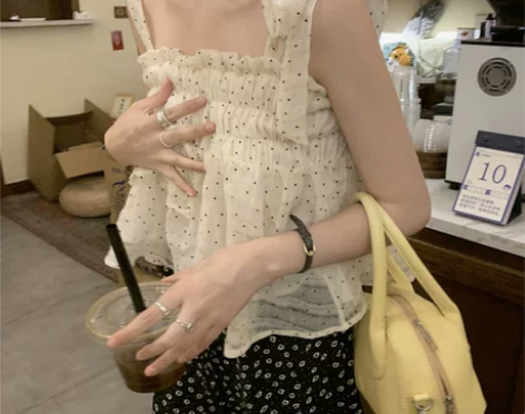 波点吊带背心甜辣薄款女夏季辣妹风外穿法式甜...