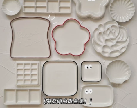 包邮,水彩陶瓷调色盘贝壳三格迷你调色盘水彩...