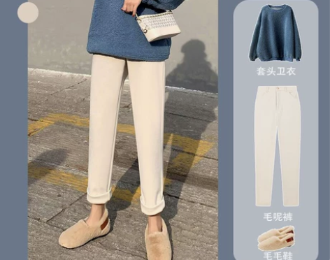 加绒毛呢裤子女秋冬宽松直筒2020新款加厚...