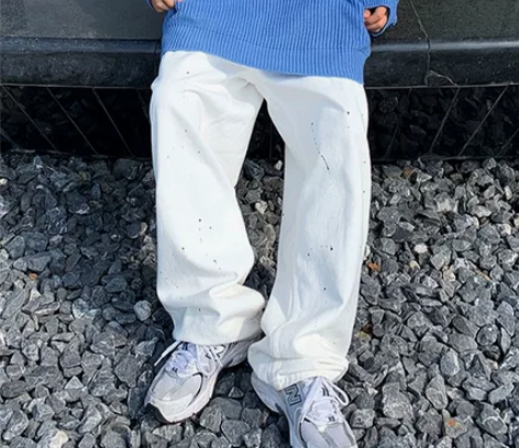 休闲水洗款泼墨白色牛仔裤 男女情侣款长裤 ...