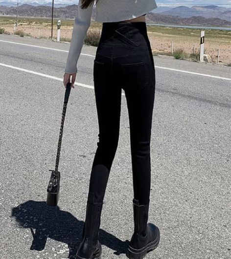 秋装超高腰牛仔裤女收腹收腰遮腹显瘦小脚裤2...