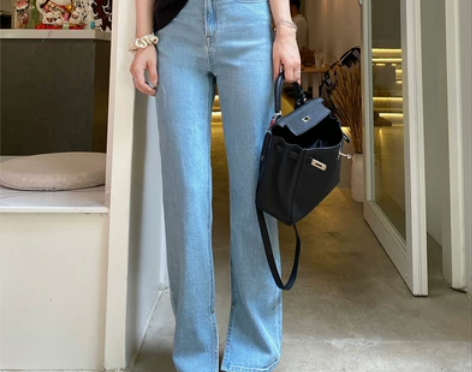 DDZA 女团腿！浅蓝开叉牛仔裤女夏宽松高...