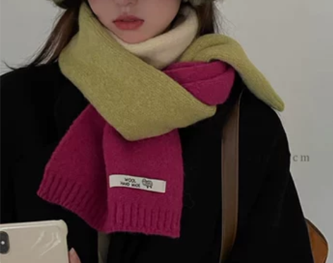 日本代购os拼色毛线针织围巾女冬季ins风...