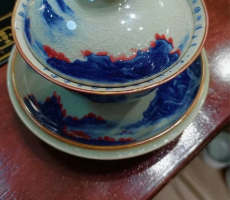 景德镇陶瓷老陶泥青花山水盖碗景德镇三才盖碗...