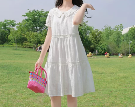 【狂欢价】少女夏季连衣裙中长款娃娃领纯棉镂...