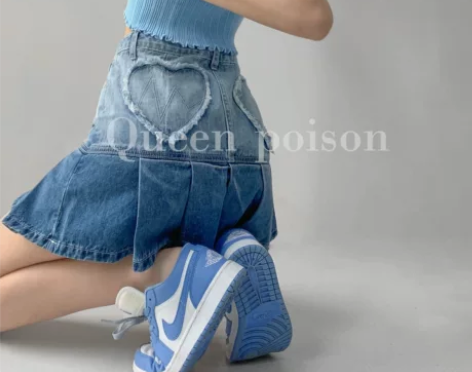 美式复古爱心牛仔百褶裙女夏辣妹防走光半身裙...