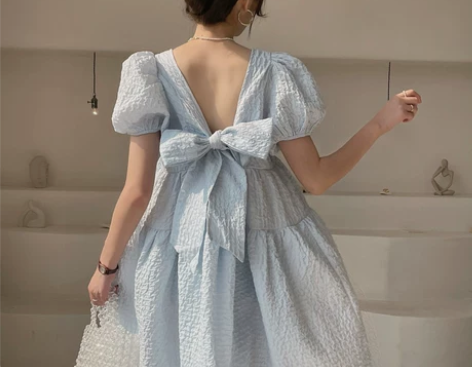 法式性感露背连衣裙韩版公主蝴蝶结宽松蓬蓬裙...