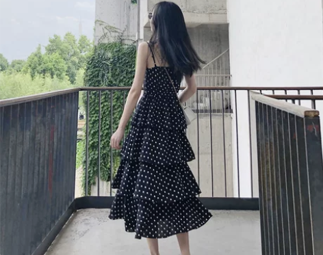 chic波点露背蛋糕裙过膝度假长裙修身显瘦...