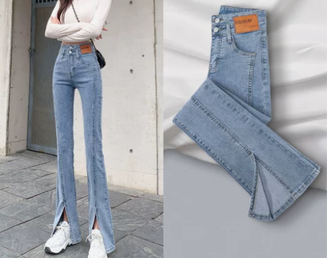 开叉微喇牛仔裤女春秋装2022年新款高腰显...