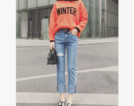 17春季新款拉丝破洞显瘦小直筒微喇叭牛仔裤...