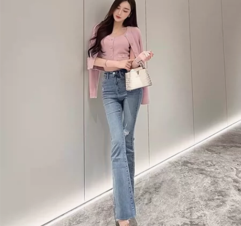 SX善喜微喇叭牛仔裤女休闲时尚宽松高级感高...