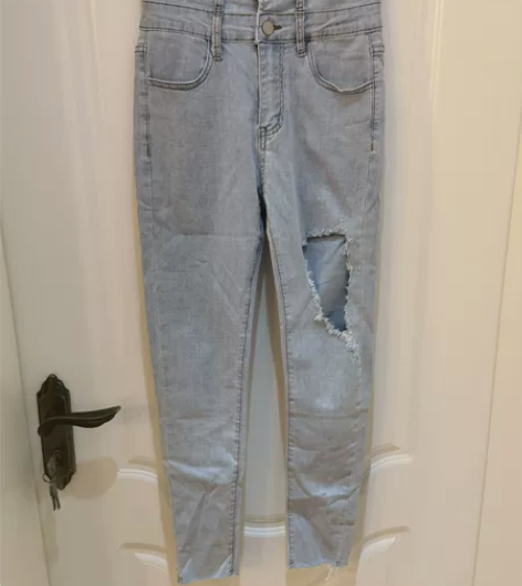 韩版大破洞双腰牛仔裤女夏弹力提臀显瘦九分紧...