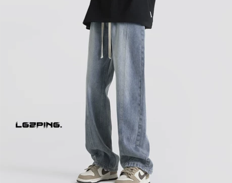 阔腿裤牛仔裤 牛仔裤长裤美式抽绳松紧腰男款...